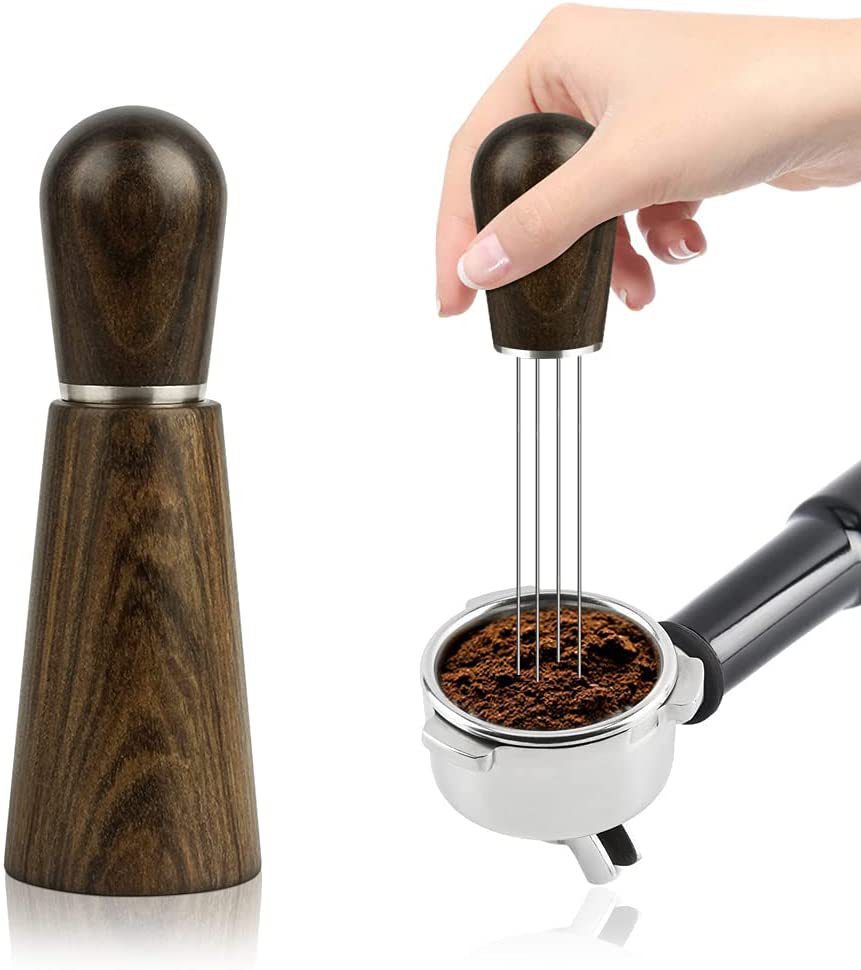 Coffee needle distributor with wooden base